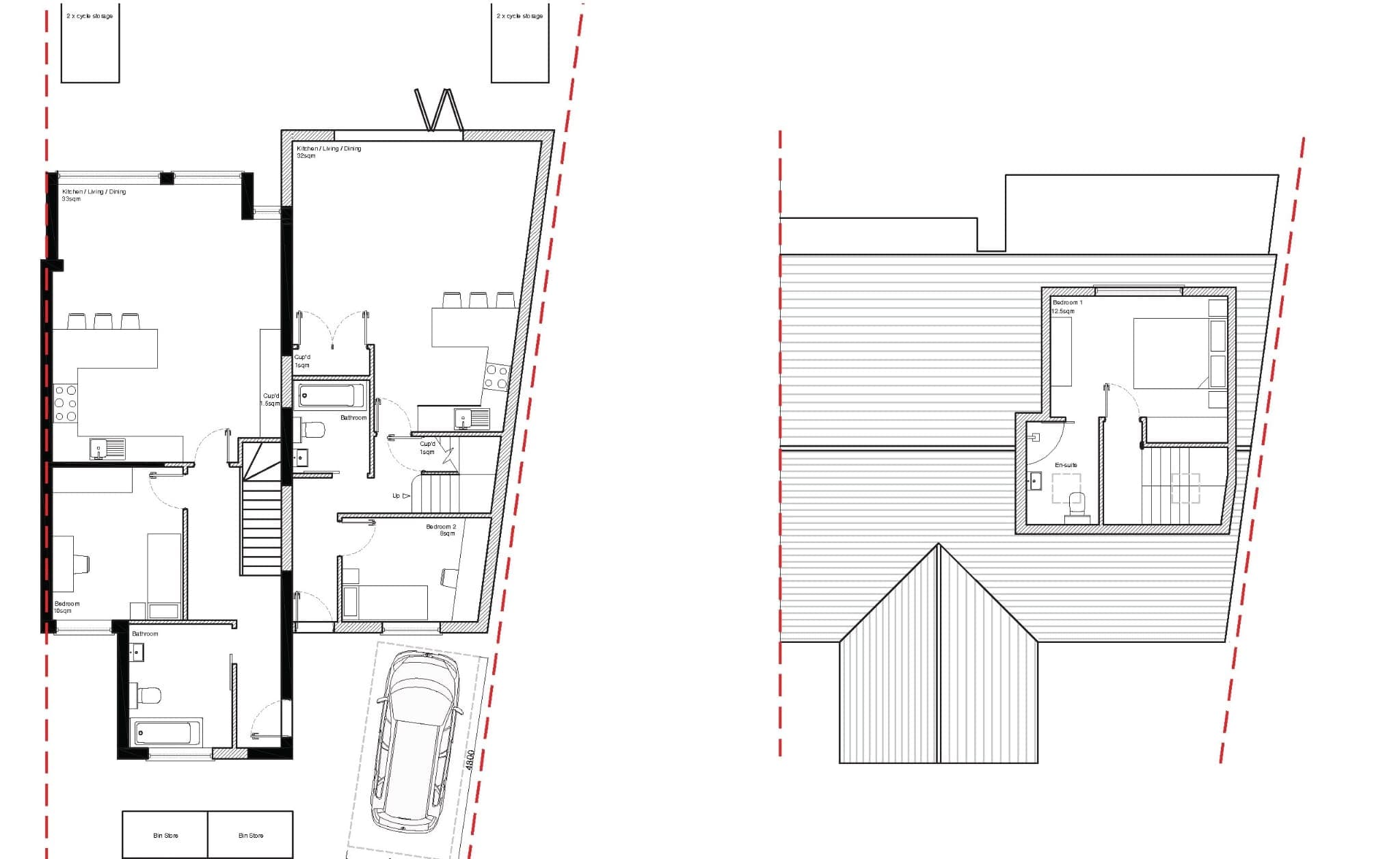 Supplied architectural layout extract showing ground-floor accommodation and the upper bedroom with en-suite