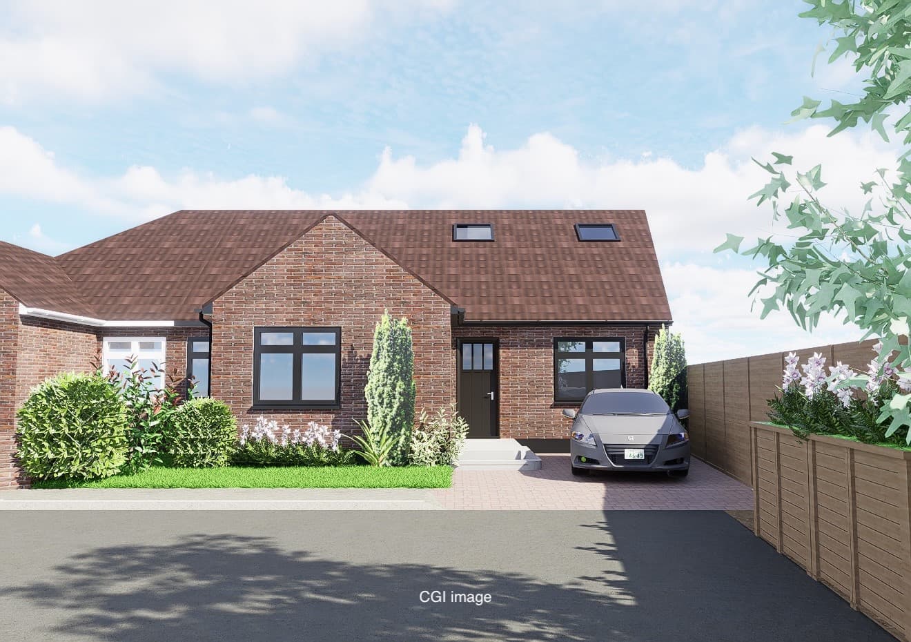 Architectural CGI showing the proposed brick bungalow, front garden and parking at 35 Purland Close
