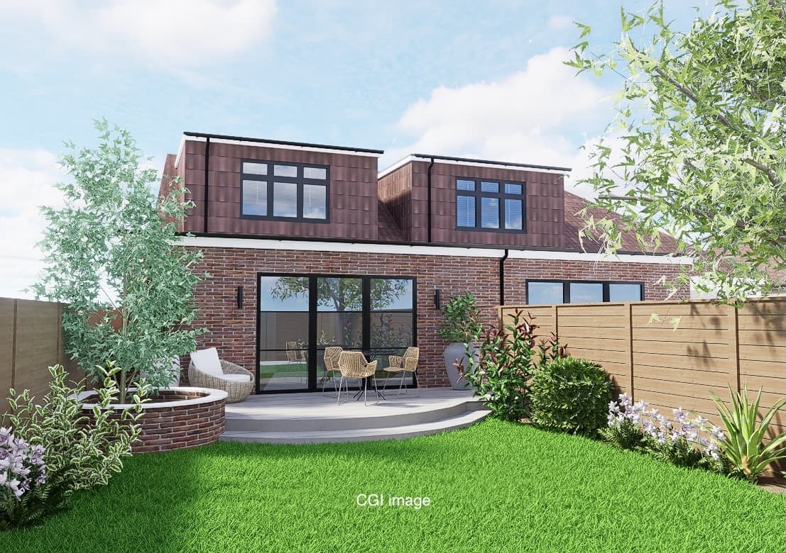 Proposed rear elevation CGI with garden, patio and glazed doors